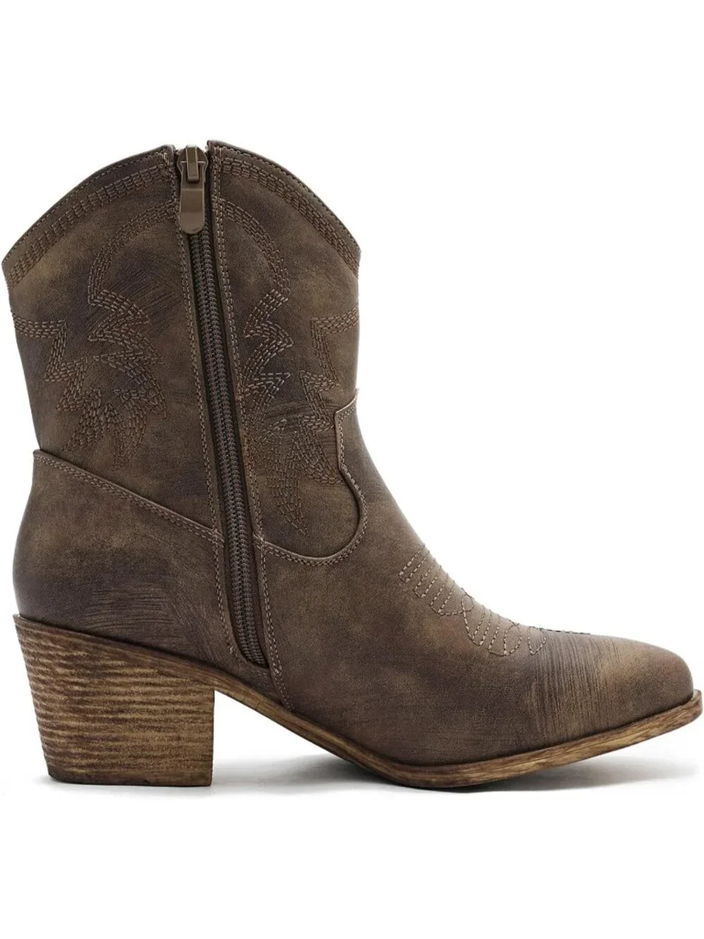 Women's Brown 1 Pointed Toe Cowgirl Faux Leather Side Zipper Ankle Booties